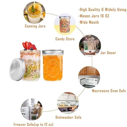 Miuyhji Wide Mouth Mason Jars 16 oz with Lids [6 Pack], Canning Jars with Metal Airtight Lids and Bands, 16 oz Glass Jars for Fermenting, Pickling, Freezing, Preserving, Meal Prep, Jar Décor thumbnail 5