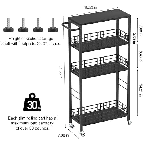 Slim Storage Cart 4 Tier Rolling Kitchen Cart Utility Serving Cart Laundry Room Narrow Cart with Handle Mobile Sheving Unit Organizer Wood Rolling Storage Cart for Bathroom Small Spaces, Modern Black thumbnail 3