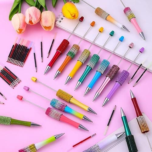Vellibring 90 Pcs DIY Diamond Beadable Pen Kit Multicolor Bulk Ballpoint DIY Crafting Pens with 8 Colors Refills & Bags for Students Teens Teachers School Office Accessories Supplies thumbnail 2