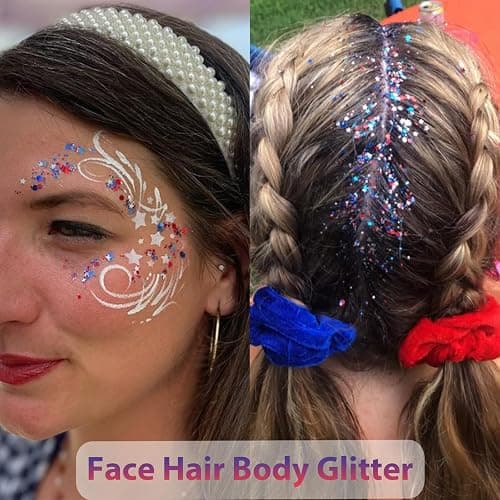 Mysense Patriotic USA Flag Face Hair Glitter for Independence Day Memorial Day Veterans Day, 4th of July Outfits and Accessories for Women Kids, 08# Red White and Blue Glitter Stick, 0.56oz thumbnail 4