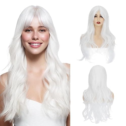 MY-LADY White Wig with Side Side Bangs Long Wavy Cosplay Wig for Women Natural Hair 24 Inch Synthetic Hair for Girls Daily Party Halloween - Image 1
