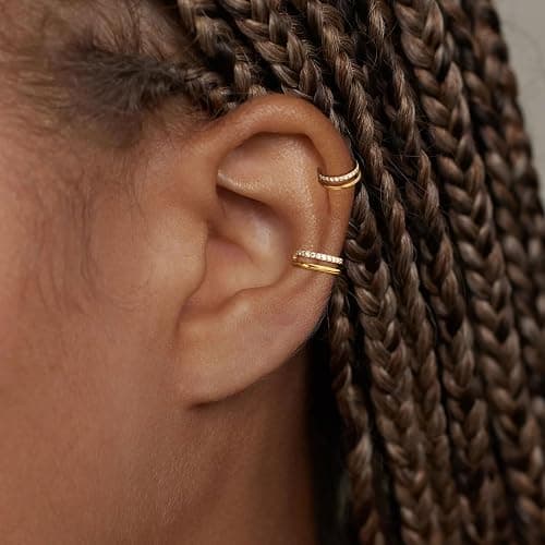 2 PCS Small Cartilage Double-Hoop Helix Conch Piercing Earrings With Cubic Zirconia For Women Trendy 14K Gold Plated Stainless Steel Sets Jewelry thumbnail 5