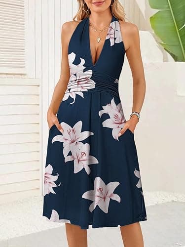 HUHOT Women's Summer Sundress Sleeveless Halter Neck Spring 2026 Floral with Pocket Elastic Waist Ruffle Mini Dresses thumbnail 5