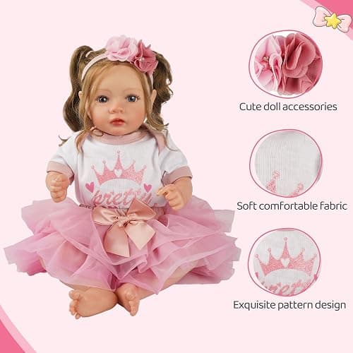 BABESIDE 3 Pcs Reborn Baby Doll Clothes Set for 17-22 Inch Babydolls, Cute Baby Doll Accessories Set with Skirt Headband for Realistic Babydolls Girl, Pink thumbnail 3