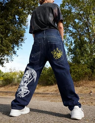 Unisex Y2K Hip Hop Street Jeans with Skeleton Print, Gothic Baggy Jeans, Vintage High Waist Denim, Wide Leg Pants thumbnail 6