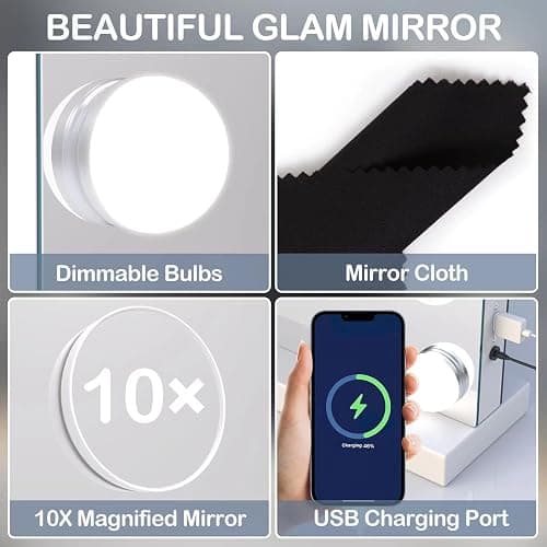Gvnkvn 18 Extra Bulbs Vanity Mirror with Lights with USB & Type-C Charing, 32WX24L Tabletop Hollyhood Makeup Mirror, Lighted Vanity Mirror,3 Colors Modes,Touch Control,Metal Frame,White thumbnail 6