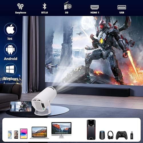 HOSO Projector, with WiFi and Bluetooth, 1080P Mini Portable Outdoor Movie Projector, Auto Keystone, 300 ANSI, 260 Degree Rotation, Android 12 Compatible with Video Games, HDMI, USB, Smartphone thumbnail 3