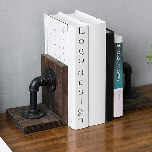 MyGift Book Ends Decorative, Bookends for Shelves, Metal Bookends for Heavy Books, Office Decor for Men, Wood Book Stopper, Realistic Industrial Pipe Design, Dark Brown thumbnail 2