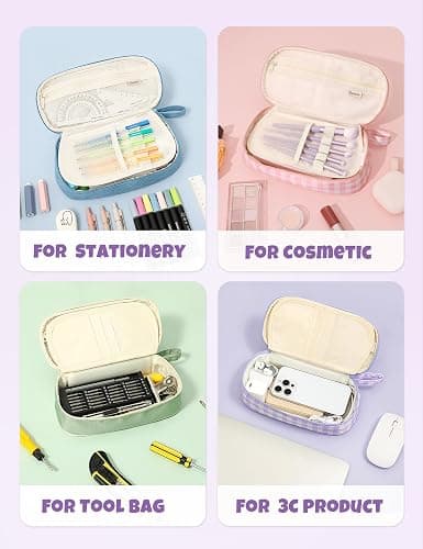SUNEE Cute Pencil Case, Large Colored Pencil Pouch, Aesthetic Pen Bag with Zipper, Kawaii Stationery Storage and Organizer, School Supplies for Teen and Adult, Boys & Girls, Purple Checkered thumbnail 8