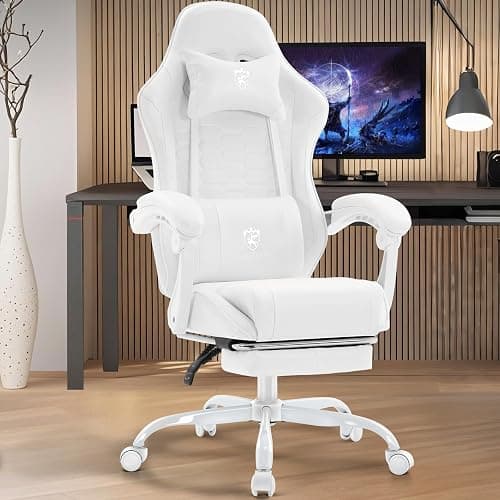 Morkprism White Gaming Chair,Computer Office Chair with Footrest,Massage Lumbar Support and Gel Pad,Ergonomic Reclining Adjustable Leather Gamer Chair with Headrest and Spring Cushion White thumbnail 2
