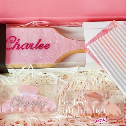 Personalized Rhinestone Hair Brush with Name - Custom Bling Hairbrush for Women & Girls, Handmade Marble Bamboo Wood Brush for Scalp Massage, Detangling, Gifts(Pink Sugar) thumbnail 8
