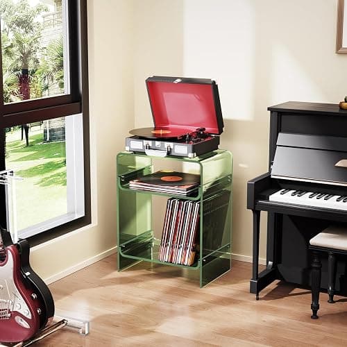 Acrylic Record Player Table with Storage Shelf, Clear Side Table Nightstand (Green, Large) thumbnail 2