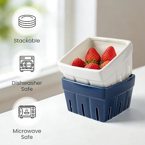 AELS Ceramic Berry Basket, Farmhouse Fruit Bowl Container for Fruit & Vegetables, Farmers Market, Kitchen Decor, Stoneware Harvest Bowls, Set of 4, Navy Blueberry thumbnail 5