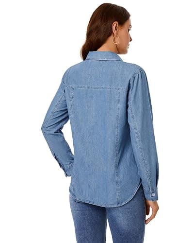 GRAPENT Denim Button Down Shirts for Women Long Sleeve Western Casual Lightweight Collared Pocket Jean Shirt Shacket Top thumbnail 4
