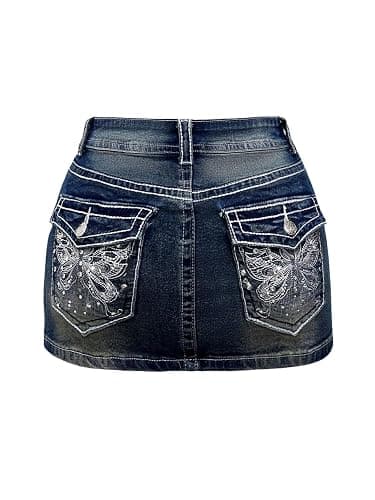 WDIRARA Women's Low Rise Butterfly Embroidery Bodycon Mini Denim Skirt Y2k Jean Skirt - Image 1