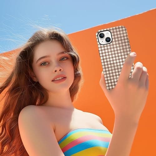 Cinysnt Cute Brown Checkered Phone Case for iPhone 14 / iPhone 13 Case 6.1", Aesthetic Trendy Gingham Grid Pattern 2-in-1 Matte Cover Shockproof Slim Soft TPU Hard PC Protection Girls Women Funda thumbnail 7