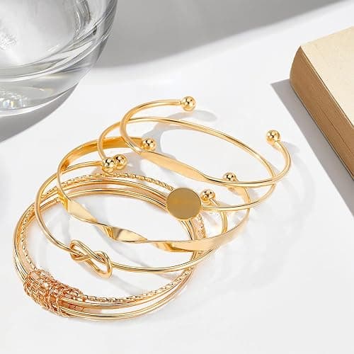 Gold Bangle Bracelets for Women, 14k Gold Plated Multi Layer Cuff Bangles Set, Stackable Boho Non Tarnish Elegance Smooth Bangle Jewelry Gifts for Her thumbnail 7