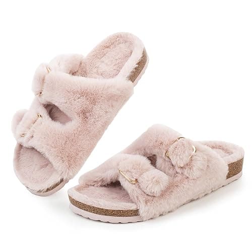 FITORY Womens Open Toe Slipper with Cozy Lining,Faux Rabbit Fur Cork Slide Sandals Size 6-11 - Image 1