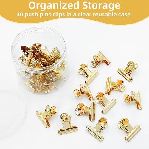 Golden Push Pins Clips (30 Pcs), Upgraded Thumb Tacks with Metal Clips for Cork Board, Bulletin Board Photos Notes Documents, No Hole Paper Clips Durable Office and School Supplies with Stronger Glue thumbnail 8