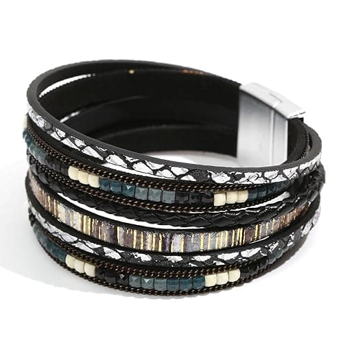 Fesciory Leather Wrap Bracelets for Women, Boho Leopard Multi-Layer Crystal Beads Cuff Bracelet Jewelry thumbnail 2