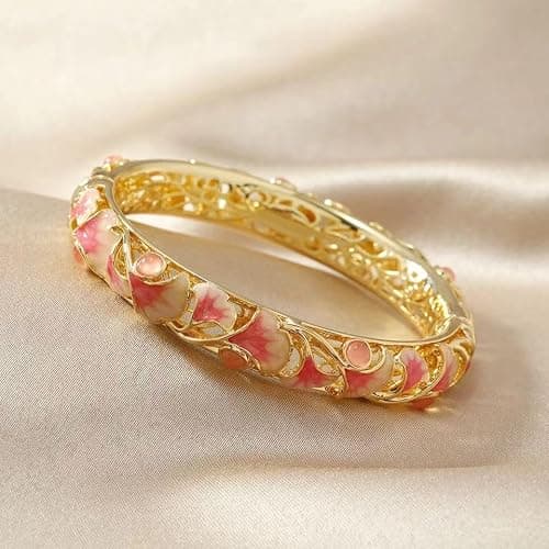 FcaLdqy Cloisonne Bracelet,Enamel Bracelet, Pink Purple Ginkgo Leaf Bracelets Traditional Cloisonne Enamel Ethnic Spring Hinged Cuff Bangles for Women thumbnail 2