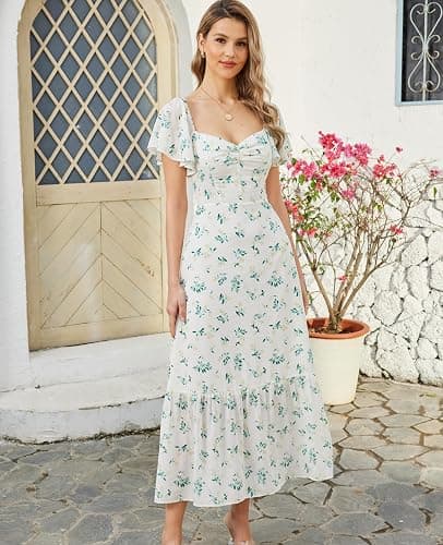 GLNEGE Women's 2025 Summer Midi Floral Boho Dresses Casual Flowy Beach Short Sleeve Dress Ruffle Hem Smocked Sundresses thumbnail 5