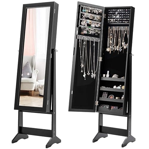 Giantex Jewelry Cabinet with Full-Length Mirror, Standing Jewelry Armoire Organizer with 64 Earring Slots, 72 Ring Slots, 20 Necklace Hooks, 4 Storage Shelves, 3 Angle Adjustable (Black) - Image 1