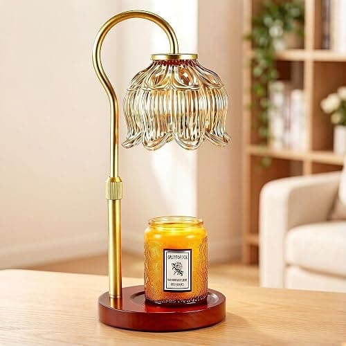 Dreamholder Electric Candle Warmer Lamp with Timer, Dimmable Candle Lamp with Adjustable Height, Glass Wax Melter for Jar Candles Wood Base Floral Home Decor Gifts for Women Mom, Walnut Wood - Image 1