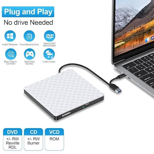 External CD DVD Drive for Laptop, USB 3.0 USB C CD Burner DVD/CD ROM Drive Reader External DVD Drive DVD Player for Laptop Desktop PC Windows 11/10/8.1/7 MacBook Mac Linux OS Apple White thumbnail 3