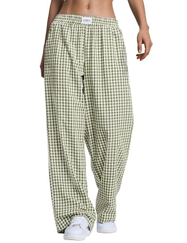 LOMON Women's Striped Gingham Boxer Pants Cotton Pajama Lounge Pj Casual Plaid Trousers Y2K Beach Bottoms with Pockets - Image 1