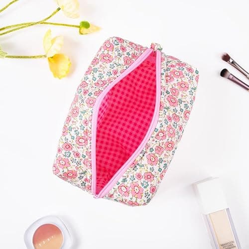 SOIDRAM Pink Makeup Bag Floral Cosmetic Bag Puffy Coquette Makeup pouch Aesthetic Cute Quilted Travel Toiletry Bag Organizer cotton Makeup Brushes Storage Bag for Women thumbnail 5