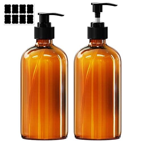PrettyCare Set of 2 16oz Amber Glass Bottles with Black Pumps - Leak-Proof, Refillable Empty Dispenser for Shampoo, Conditioner & Thick Liquids - with Waterproof Labels - Image 1