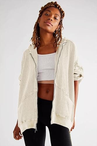Womens Fashion Zip Up Hoodies Oversized Waffle Knit Jacket Shirts Long Sleeve Solid Shacket Blouse with Pockets thumbnail 4