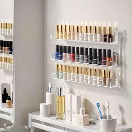 NIUBEE 6PCS Nail Polish Rack: 15 Inch Acrylic Nail Polish Organizer Wall for 66-108 Bottles- Multi-purpose Clear Floating Shelves with Removable Anti-slip End Inserts thumbnail 2
