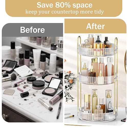 MOKANI 360 Rotating Makeup Organiser, 3 Tiers Spinning Skincare Organiser, Multi-Function Make Up Storage, Large Capacity Cosmetic Perfume Stand for Vanity, Bathroom and Bedroom thumbnail 7