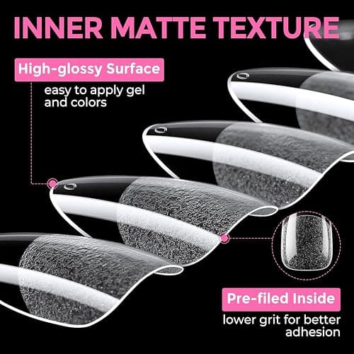 UNA GELLA Almond Nail Tips, 216pcs Pointed Almond Gel Nail Tips Pre-shape Half Matte Full Cover Clear Acrylic Soft Gel Fake Nails for Nail Extension Nail Art 12 Sizes thumbnail 7