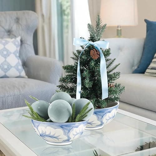 Maxdot Blue and White Bowl 10 x 5 Inch Large Hand Painted Stoneware Decorative Vase Bowl with Floral Chinoiserie Ceramic Design for Kitchen Centerpiece Creative Home Decor thumbnail 7