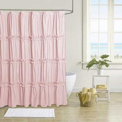 Farmhouse Ruffle Shower Curtain with Handmade Ruched, Vintage Ruffled Fabric Bathroom Curtains, Decorative Elegant Bathroom Curtain with 12 Holes, Peach Pink, 72" W x 72" H(N60049) - Image 1