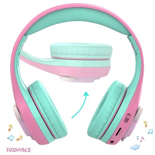 Riwbox CB-7S Kids Wireless Headphones,with Safe Volume Control 74/85/95dB,LED Glow Lights,50H Playtime,Bluetooth V5.3,Built-in Mic, TF Card Slot,for Travel/School/Phone/Laptop (Pink&Green) thumbnail 2