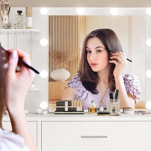 FIONESO Vanity Desk with LED Light Mirror & Power Outlet, 3 Adjustable Light Color, Makeup Vanity with 7 Drawers, 4 Shelves, 5 Jewel Hooks, White Vanity for Bedroom, Girls Vanity thumbnail 8
