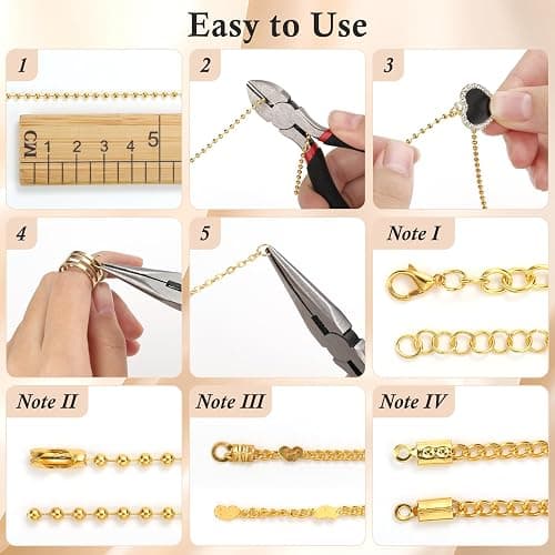 ROADPLUM 14 Roll Gold Chains for Jewelry Making - 102Ft Chains (Copper & Stainless Steel) with 2 Jewelry Pliers, 260+ Lobster Clasps, Jump Rings & Connectors - Complete DIY Chain Supplies for Crafter thumbnail 7