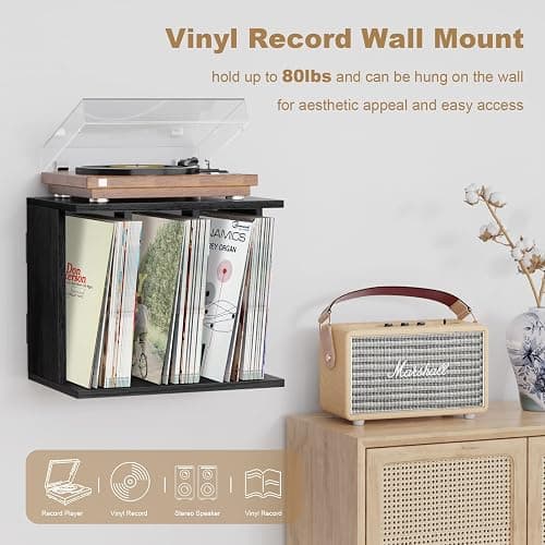 Emfogo Vinyl Record Storage, Record Player Stand Wall Mount Up to 80-100 Albums, 3-Compartment Vinyl Record Holder (Black) thumbnail 5