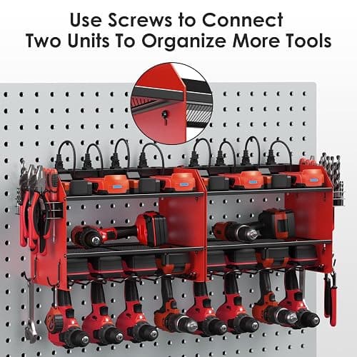 CCCEI Modular Power Tool Organizer Wall Mount with Charging Station. Garage Drill Storage Shelf with Hooks, Heavy Duty Rack, Tool Battery Holder Built in 8 Outlet. Gift for Men. Red, 1 Pack. thumbnail 8