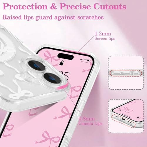 UEEBAI Magnetic for iPhone 16 Case, Bow Case Compatible with MagSafe, Wireless Slim Clear Ribbon Aesthetic Phone Cover Anti-Yellowing Shockproof Protective Cover for Women Girl - White thumbnail 3