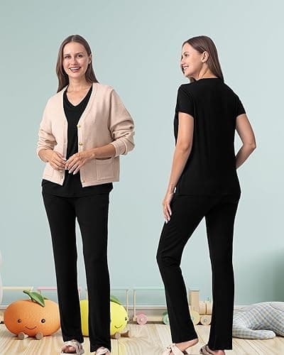 Rnxrbb V Neck Nursing Pajamas Set 3 Pack Postpartum Pjs Breastfeeding Sleepwear for Women Double Layer with Pockets - Medium - Black thumbnail 6