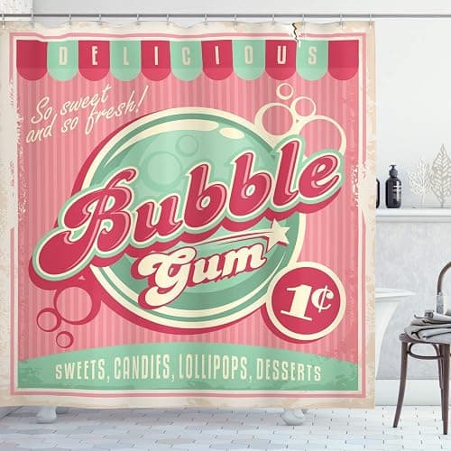 Lunarable Retro Shower Curtain, Advertisement for Candy Shop with Pastel Stripes Background Eighties Design, Cloth Fabric Bathroom Decor Set with Hooks, 69" W x 70" L, Pink and Mint Green - Image 1