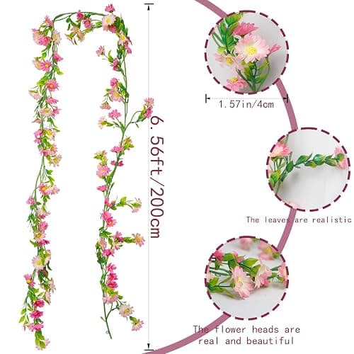CISDUEO Artificial Daisy Flowers Vine Silk Wildflower Garland Spring Fake Flower Vine Hanging Ivy Pink Daisy Flowers Plastic Green Leaves for Mantle Wall Party Wedding Arch Floral Decor Indoor Outdoor thumbnail 3