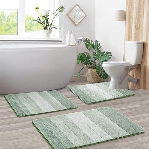 Kmson 3 Pcs Ombre Bathroom Rugs Set with U-Shaped Mat, Non Slip,Quick Drying, Ultra Soft and Water Absorbent Bath Carpet for Bedroom Floor Living Room,Machine Washable,Green - 3 PCS 17"x24"+20"x32"+U Shape 24"x20" - Green3