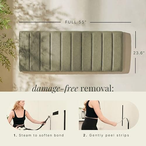 Hearth & Harbor Upholstered Full Headboard - Easy Assemble Channel Stitched Headboard Full Size - Wall Mounted Headboards with 3D Soundproof Wall Panels Peel & Stick Floating Headboards, Olive Green thumbnail 2
