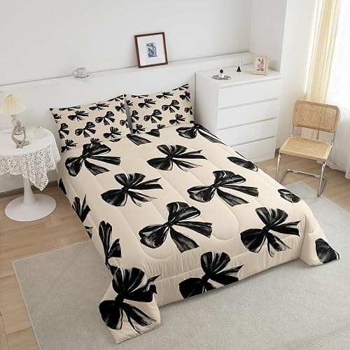 Erosebridal Bow Bedding Set Queen Black Bow Tie Bedding Comforter Sets for Kids Teen Adults Room Decor,Watercolor Bowknot Comforter Set Black White Simple Decor Bed Duvet Set thumbnail 4